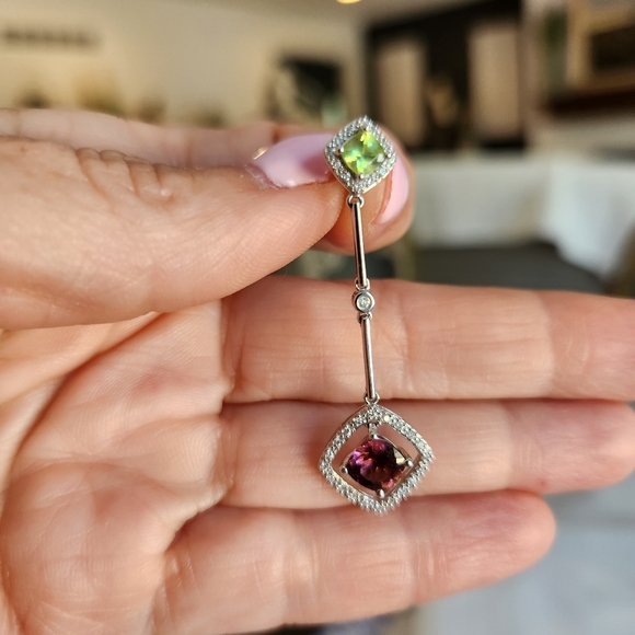 14K White Gold Amethyst, Peridot and Diamond Earrings - Picture 6 of 8